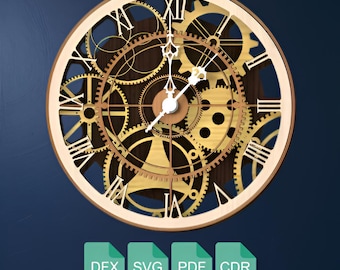 Gear Wall Clock Laser Cut Design | Steampunk Wooden Gear Clock for CNC & Glowforge | Svg, Dxf, Pdf File.