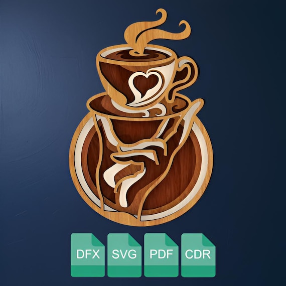 Coffee 3D Multilayer Laser cut Wall Art SVG, PDF, DXF file.
