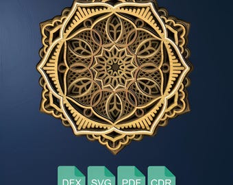 May include: A layered, golden-brown mandala design with intricate patterns and a dark blue background. The design features a central starburst motif surrounded by floral and geometric shapes. The image includes the file type abbreviations: DFX, SVG, PDF, and CDR.