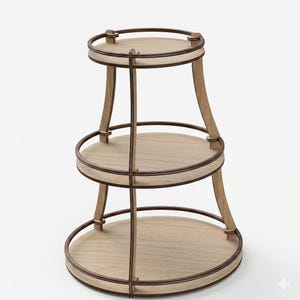 May include: A three-tiered wooden serving stand with a light brown finish. The stand features three circular shelves with dark brown trim, supported by curved wooden legs. The top shelf is smaller than the others.