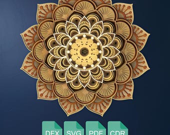 May include: A layered wooden mandala in shades of brown, tan, and gold, with intricate petal-like designs radiating from a central point. The image includes file type icons: DFX, SVG, PDF, and CDR, against a dark blue background.