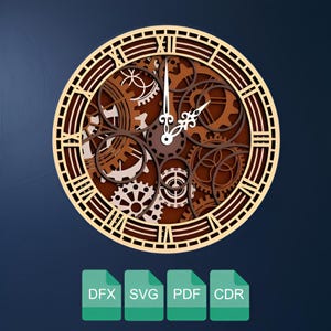 以下が含まれることがあります： スチームパンクデザインの装飾的な木製時計。時計にはローマ数字、複雑な歯車、装飾的な針が特徴です。時計は茶色とベージュの色合いの積層木材で作られています。画像の下部には、ファイル形式のDFX、SVG、PDF、CDRが表示されています。