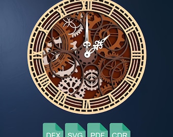 3D Gear Wall Clock SVG Laser Cut Wall Art PDF, DXF File