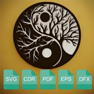 Könnte beinhalten: Ein Yin-und-Yang-Wandkunstwerk mit einem Baumdesign. Das Kunstwerk hat eine kreisförmige Form mit einem dunkelbraunen und weißen Farbschema. Das Bild enthält auch Dateityp-Symbole: SVG, CDR, PDF, EPS und DFX.
