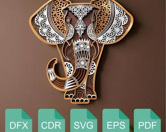 May include: A detailed wooden elephant head sculpture in shades of brown, white, and gold. The design incorporates layered cutouts and decorative patterns. File type icons below: DFX, CDR, SVG, EPS, and PDF.