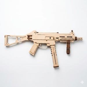 May include: A wooden toy gun with a light brown finish. The toy gun has a detailed design, including a magazine, trigger, and sight. The handle is a darker brown colour. The toy gun is a replica of a submachine gun.