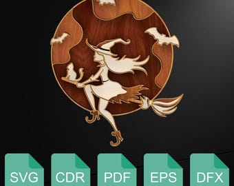 Witch Broom Halloween Multilayer Laser Cut SVG, PDF CDR file. Wall Art.