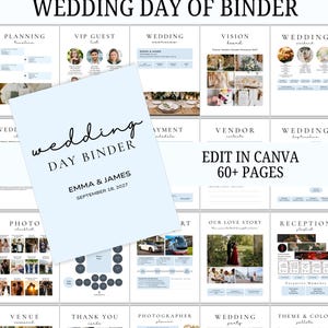 May include: A digital wedding day binder template set with over 60 pages, featuring a light blue cover page with the text Wedding Day Binder, Emma & James, September 18, 2027. The collection includes planning timelines, guest lists, and vision boards.