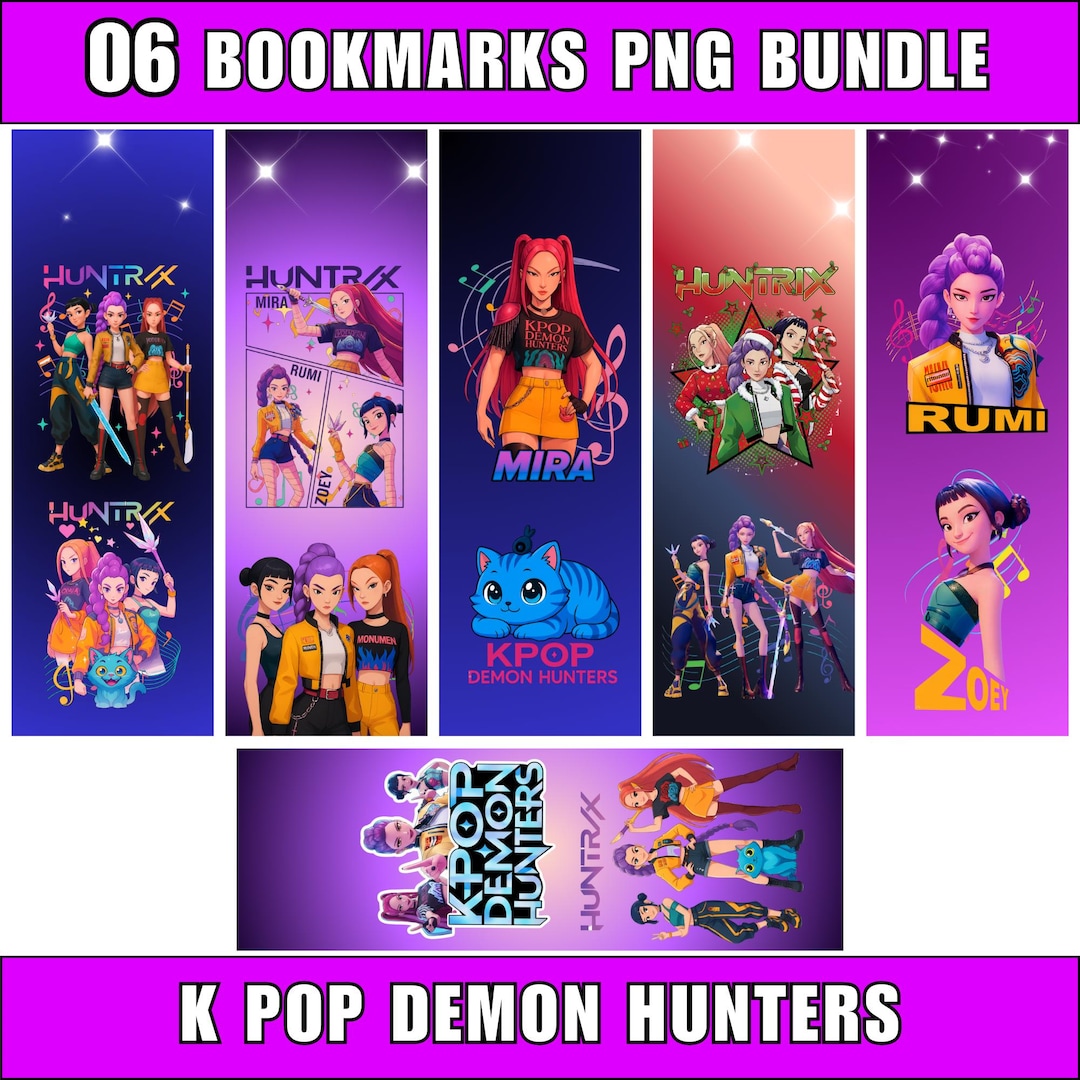 Kpop Demon Hunters Bookmarks PNG Bundle, Funny Bookmarks for Kids