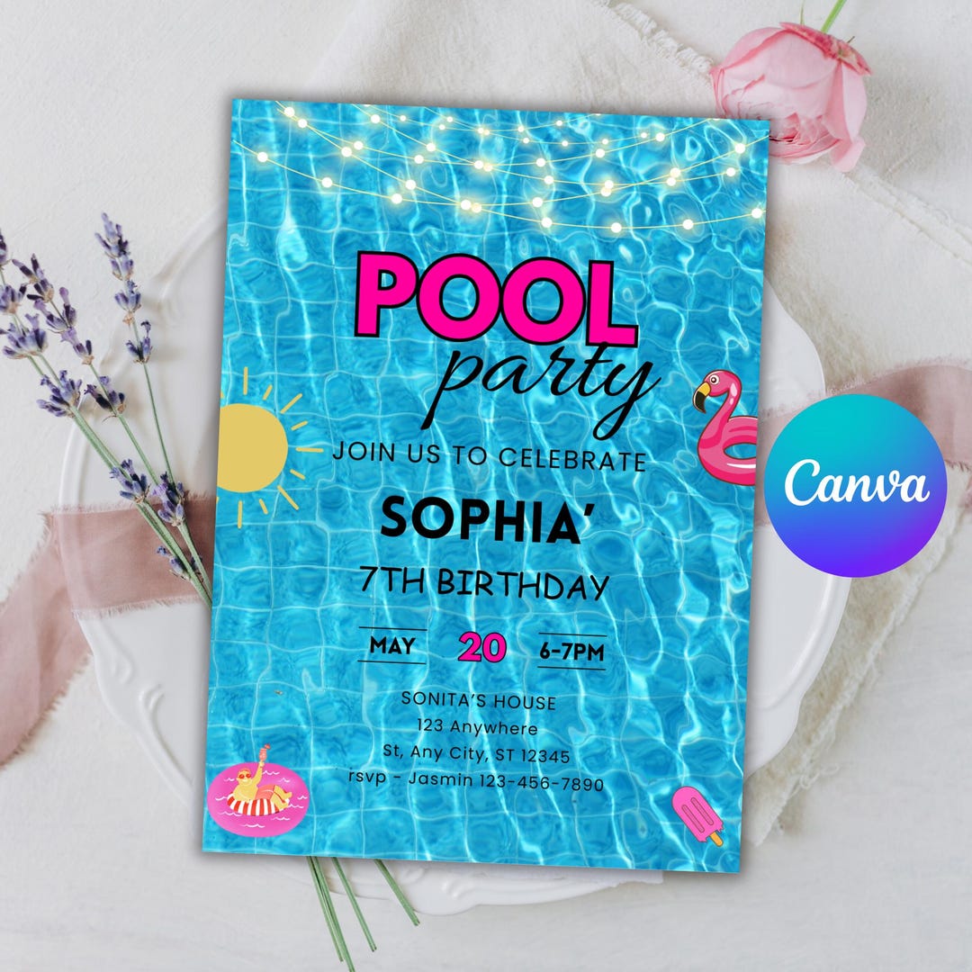 Editable Pool Party Invitation: Canva Birthday Template (5x7 Inches ...