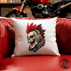 May include: White square throw pillow featuring a punk rock skull design. The skull has red eyes, a red mohawk, and is wearing headphones. The design is in black, red, and yellow.