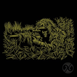 May include: A gold-colored embroidery design on a black background depicting a figure in a ghillie suit holding a scoped rifle. The figure is partially obscured by detailed foliage and grass, with the entire image rendered in fine, linear stitching.