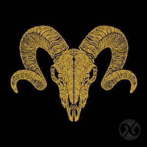 May include: A detailed illustration of a ram skull with large, curved horns. The skull is rendered in a gold color, with intricate line work detailing the bone structure. The background is solid black, creating a striking contrast.