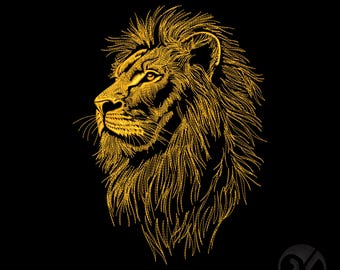 Lion Embroidery Design – Majestic Lion Head in Gold Line Style - Golden Lion Line Art Embroidery Format: DST, PES, Jef, HUS.