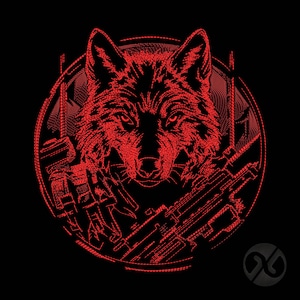 Könnte beinhalten: Rote Strichzeichnung eines Wolfskopfes, umgeben von einem Kreis, vor schwarzem Hintergrund. Die Augen des Wolfes leuchten rot. Unter dem Wolf befinden sich zwei Gewehre. Das Design hat eine detaillierte, technische Ästhetik.