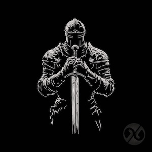 May include: A white line drawing of a medieval knight in full armor, holding a sword with both hands. The knight is facing forward against a black background. The image is a detailed illustration of the knight's armor and the sword.