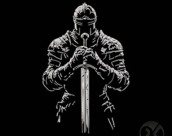 May include: A white line drawing of a medieval knight in full armor, holding a sword with both hands. The knight is facing forward against a black background. The image is a detailed illustration of the knight's armor and the sword.
