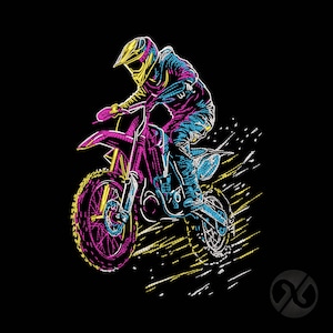 May include: A neon-style illustration of a person riding a motocross bike. The rider is wearing a helmet and protective gear. The bike is primarily pink and blue, with yellow accents. The background is black, with white streaks suggesting motion.