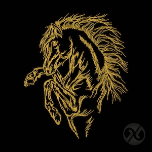Può includere: Illustrazione dorata di un cavallo rampante su sfondo nero. Il cavallo è raffigurato con criniera e coda fluenti, con dettagli dorati. L'immagine ha uno stile decorativo e artistico, adatta a varie applicazioni.