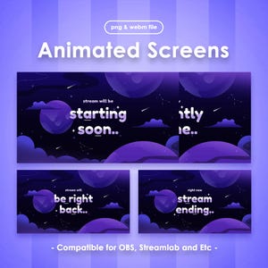 Puede incluir: Pantallas animadas con temática espacial, con planetas, nubes y estrellas moradas. El texto incluye "starting soon", "be right back" y "stream ending". Compatible con OBS, Streamlab y otros softwares de streaming.