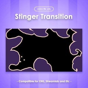 May include: A digital graphic with the text "Stinger Transition" in white, set against a purple gradient background. The design features a black central shape framed by purple cloud-like forms with gold outlines. Text at the bottom indicates compatibility with OBS, Streamlab, etc.