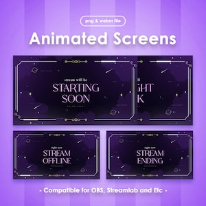 May include: Animated Screens digital product with a purple and gold celestial theme. The screens include "Starting Soon", "Stream Offline", and "Stream Ending" messages. The design features stars, planets, and decorative borders. Compatible with OBS, Streamlab, and more.