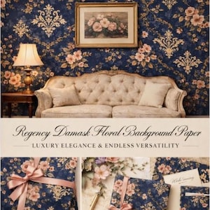 May include: Regency Damask Floral Background Paper with a navy blue floral pattern. The image shows a sofa, framed artwork, and gift-wrapped packages with pink ribbons. The text reads "Luxury Elegance & Endless Versatility."