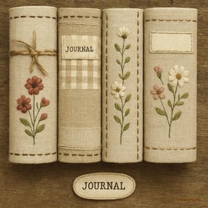 以下が含まれることがあります： フローラル刺繍とニュートラルカラーパレットの4つの装飾ジャーナル。1つのジャーナルは紐で結ばれ、もう1つは「JOURNAL」ラベルが付いており、その他は刺繍された花が特徴です。「JOURNAL」と書かれた別のラベル。