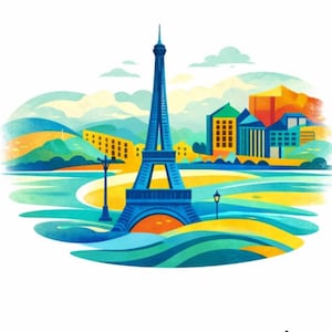 May include: A stylized illustration of the Eiffel Tower in blue, set against a backdrop of colorful buildings and rolling hills. The image features a vibrant color palette of blues, yellows, and oranges, with the text "storyvista" at the bottom.