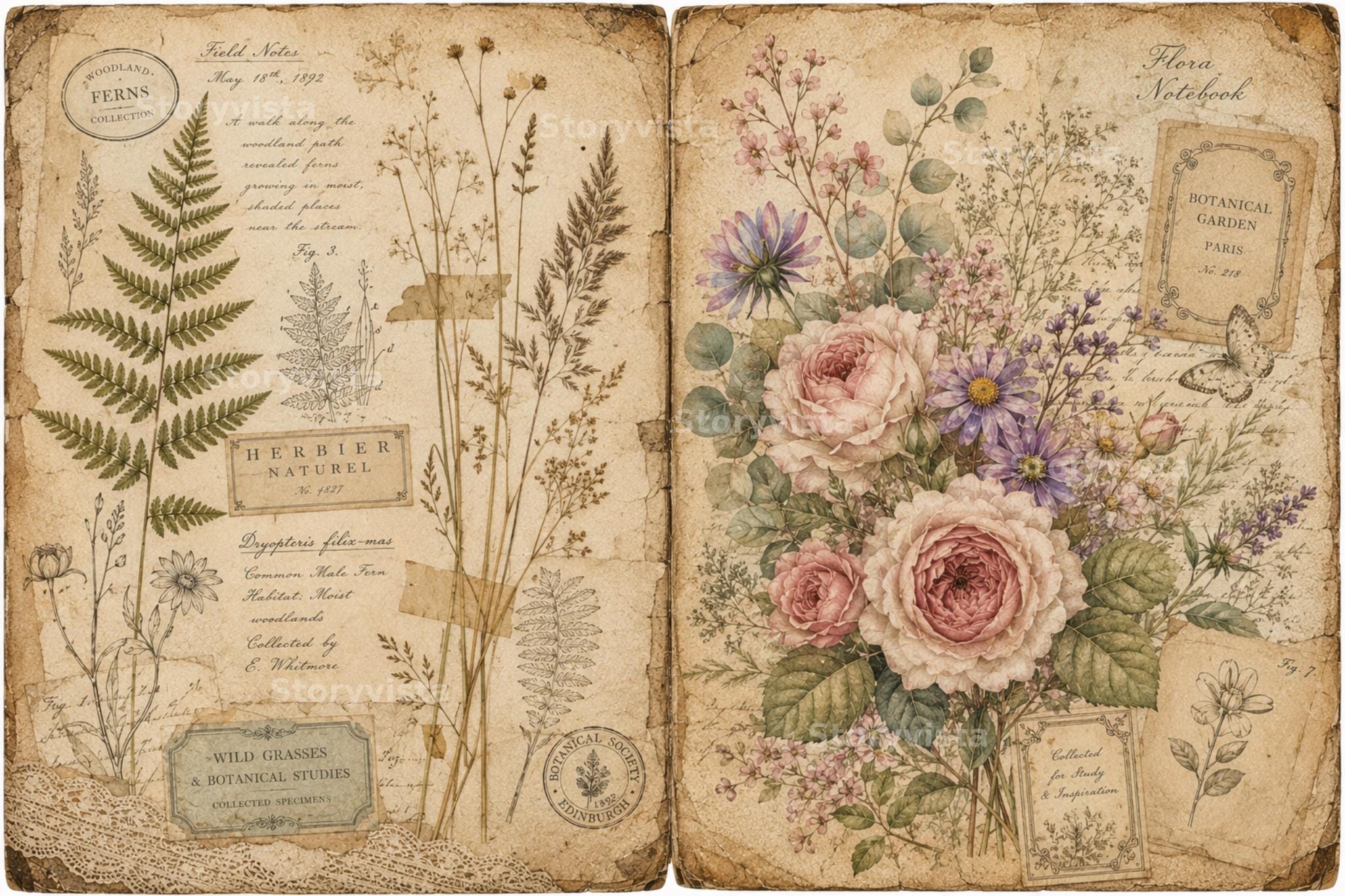 Vintage Botanical Junk Journal Pages Bundle, Antique Floral Ephemera ...