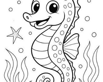 Cute Seahorse Coloring Page – Ocean Animal Printable (Digital Download)