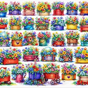 May include: A vibrant watercolor illustration showcases numerous flower arrangements in various containers. The image features colorful blooms in wooden boxes, buckets, and wheelbarrows, creating a cheerful and decorative display. The flowers include sunflowers, tulips, and other mixed blooms.