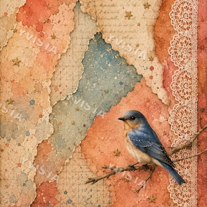 May include: A bluebird perched on a brown branch against a layered background of torn paper in shades of orange, blue, and cream. The composition features gold star accents, a grid pattern, script text, and a vertical strip of white lace trim.