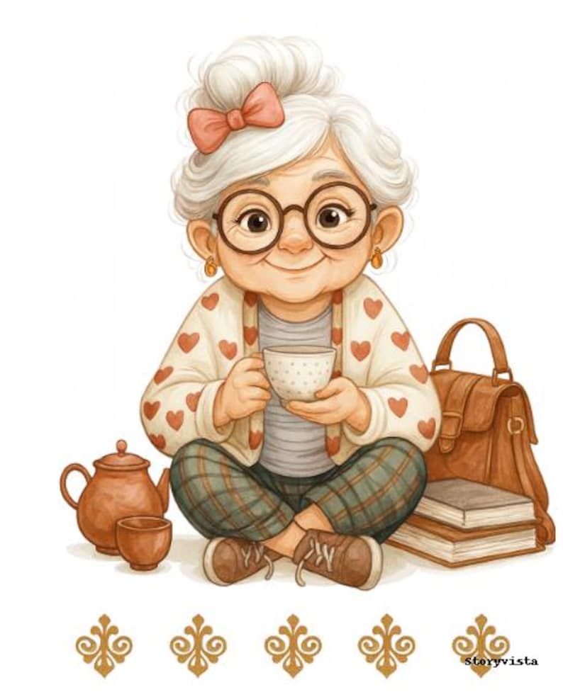 Cozy Grandma Tea Time Clipart Bundle: Whimsical Granny Illustrations ...