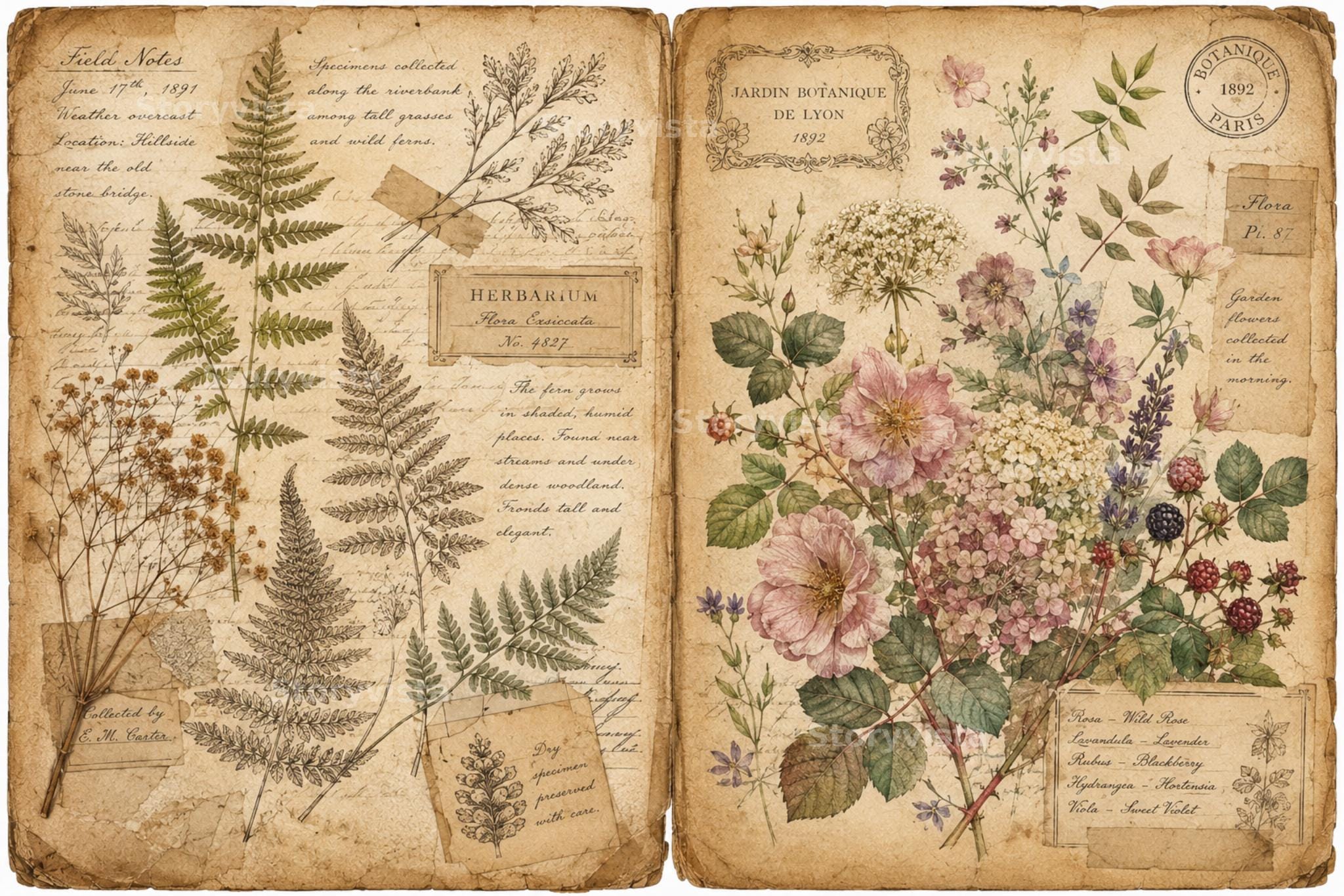 Vintage Botanical Junk Journal Pages Bundle, Antique Floral Ephemera ...