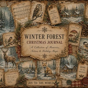 May include: A collage of vintage-style Christmas-themed ephemera. The central element is a sign reading "Winter Forest Christmas Journal." Other elements include illustrations of winter scenes, animals, and holiday greetings. The color palette is warm, with browns, creams, and touches of blue.