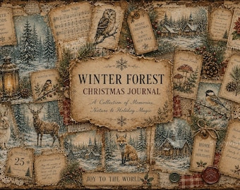 Páginas imprimibles para diario navideño con temática de bosque invernal vintage, kit de diario de recortes navideño rústico.