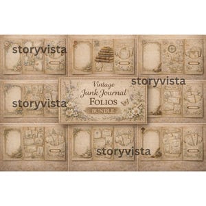 Pode incluir: Uma coleção de folios de diário de lixo vintage com detalhes florais e borboletas. Os folios têm um tom sépia com elementos decorativos como selos, livros e notas manuscritas. O texto "Vintage Junk Journal Folios Bundle" é exibido.