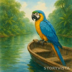 Puede incluir: Una vibrante pintura de acuarela de un guacamayo azul y amarillo posado en un bote de madera. El ave se encuentra sobre un telón de fondo de exuberantes árboles verdes y un río tranquilo, con el texto "STORYVISTA" en la parte inferior.