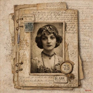 May include: A sepia-toned vintage journal featuring a portrait of a woman. The journal includes handwritten script, a postage stamp, and the text "JOURNAL No. 124" and "BLANK 14418 1099". The image has a distressed, aged appearance.