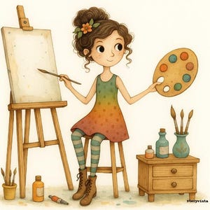 May include: Watercolor illustration of a young artist with brown hair and a flower, holding a paintbrush and palette. She wears a green, orange, and red dress, striped leggings, and brown boots. An easel, brushes, and paint bottles are nearby.