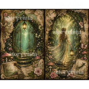 May include: A fantasy art print depicting a mystical forest scene. The artwork features a woman in a flowing gown holding a lantern, walking along a stone path. The scene includes a gate, mushrooms, butterflies, and flowers, with a vintage, aged paper effect.