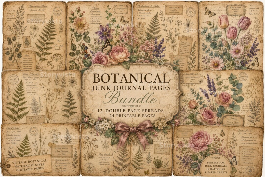 Vintage Botanical Junk Journal Pages Bundle, Antique Floral Ephemera ...