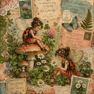 May include: A collage featuring two fairy figures with ladybug wings, one sitting on a mushroom and one among daisies. The composition includes vintage postage stamps, lace trim, handwritten script, a blue butterfly, and text reading SPRING is nature's way of saying let's party! and The earth laughs in flowers.