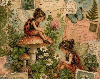 Páginas de diario de arte vintage para jardín de hadas, kit de collage botánico de mariquitas