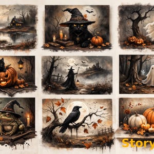 May include: A collection of nine Halloween-themed illustrations. The images depict spooky scenes with pumpkins, ghosts, black cats, witches, and a frog wearing a witch hat. The color palette includes orange, black, and gray tones, creating a festive and eerie atmosphere.