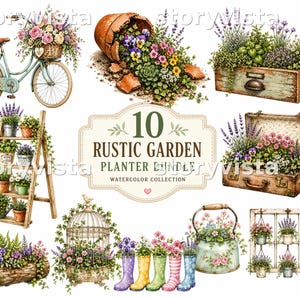 May include: Watercolor illustration of a rustic garden planter bundle. Includes a bicycle with a basket of flowers, a broken pot overflowing with blooms, a wooden box planter, a suitcase planter, and a wooden ladder with potted plants.