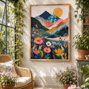 Colourful Mountain Floral Print, Abstract Patchwork Landscape, Botanical Wall Decor