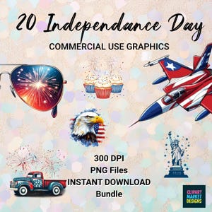 Lot de 20 cliparts du 4 juillet pour artisans et enseignants | Graphiques des fêtes des États-Unis pour autocollants, feuilles de calcul, travaux manuels et plus encore !