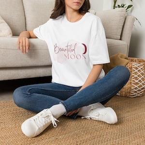 Moon Beautiful crescent moon T-Shirt | minimalist celestial typography, aesthetic white t-shirt, women's celestial fashion
